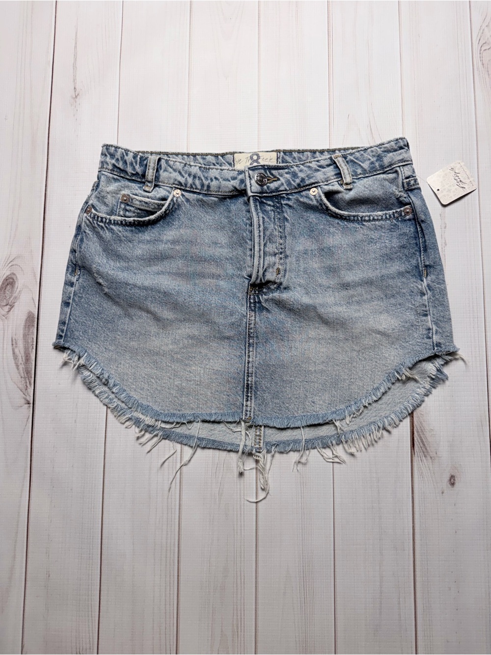 We The Free Light Blue Distressed Denim Mini Skirt